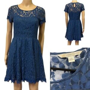 LC Lauren Conrad Blue Lace Overlay Short Sleeve Zip Side Mini Dress Womens 6